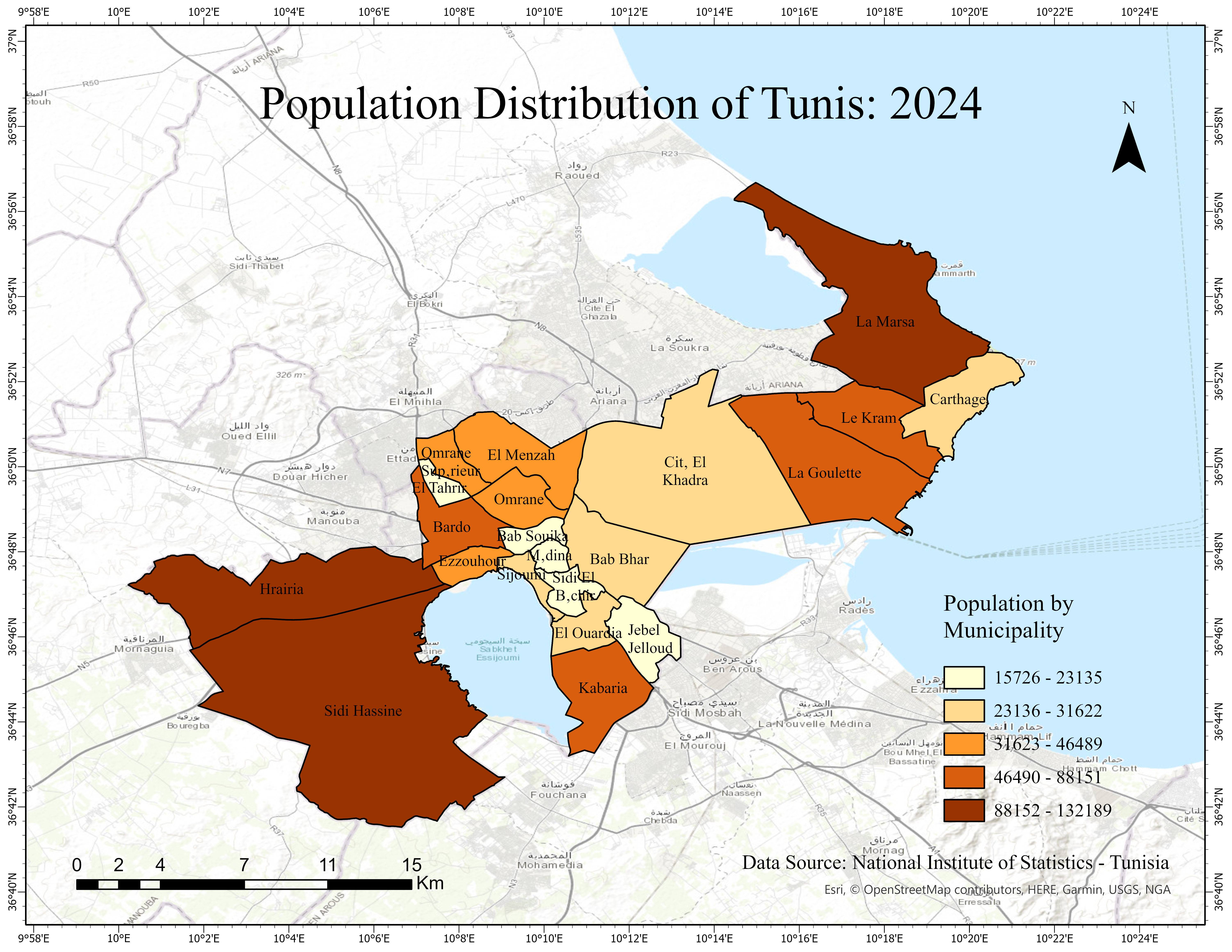 Population Distribution and Density of Tunis - 2024